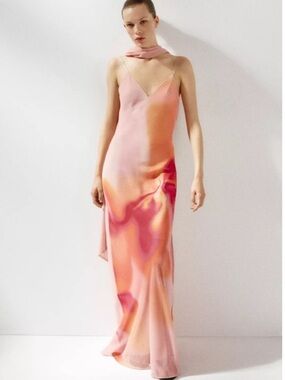 Zara Printed Long Dress with Scarf Size: L